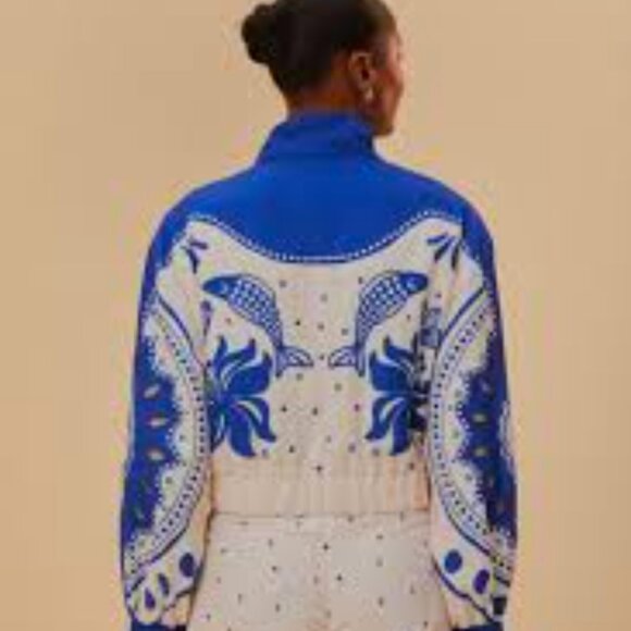 Farm Rio Active Artisanal Embroidered Crop Windbreaker Blue White Bead Tassel XS - Picture 2 of 7